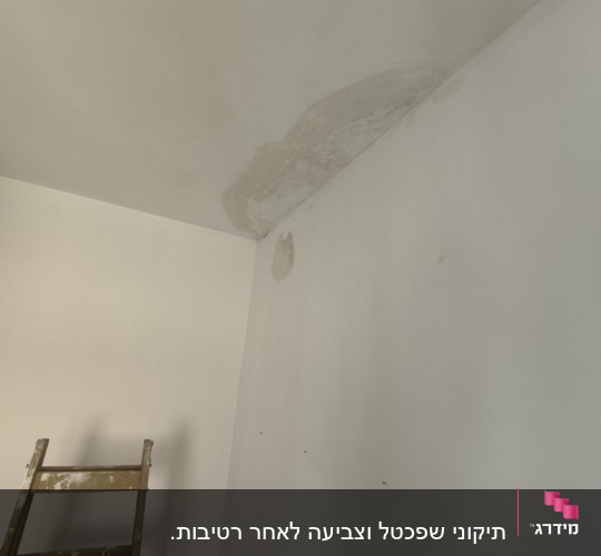 סולם עץ עם כתמי צבע ליד קיר מתקלף